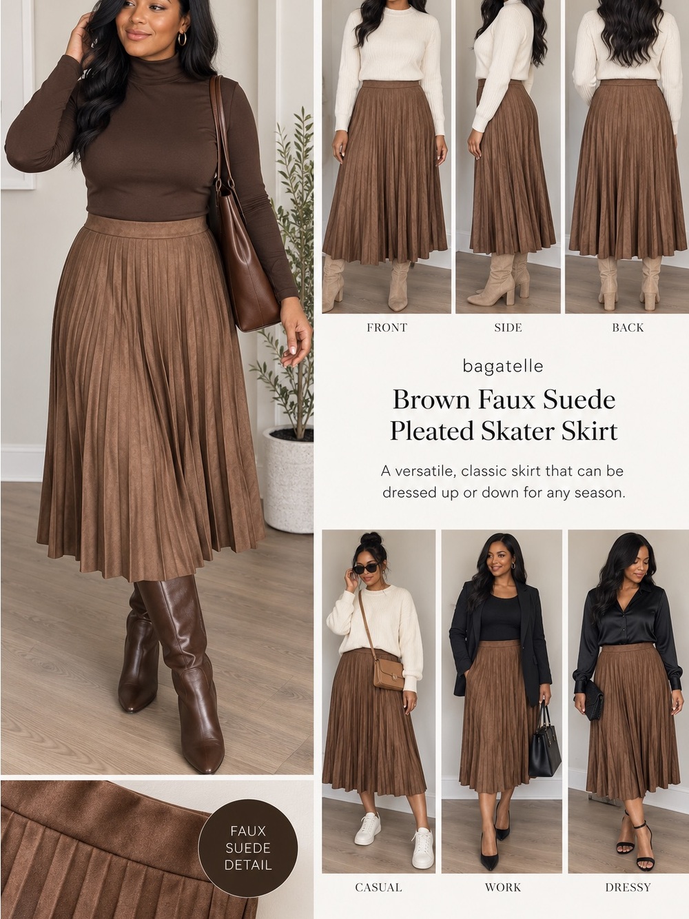 bagatelle Brown Faux Suede Pleated Skater Skirt